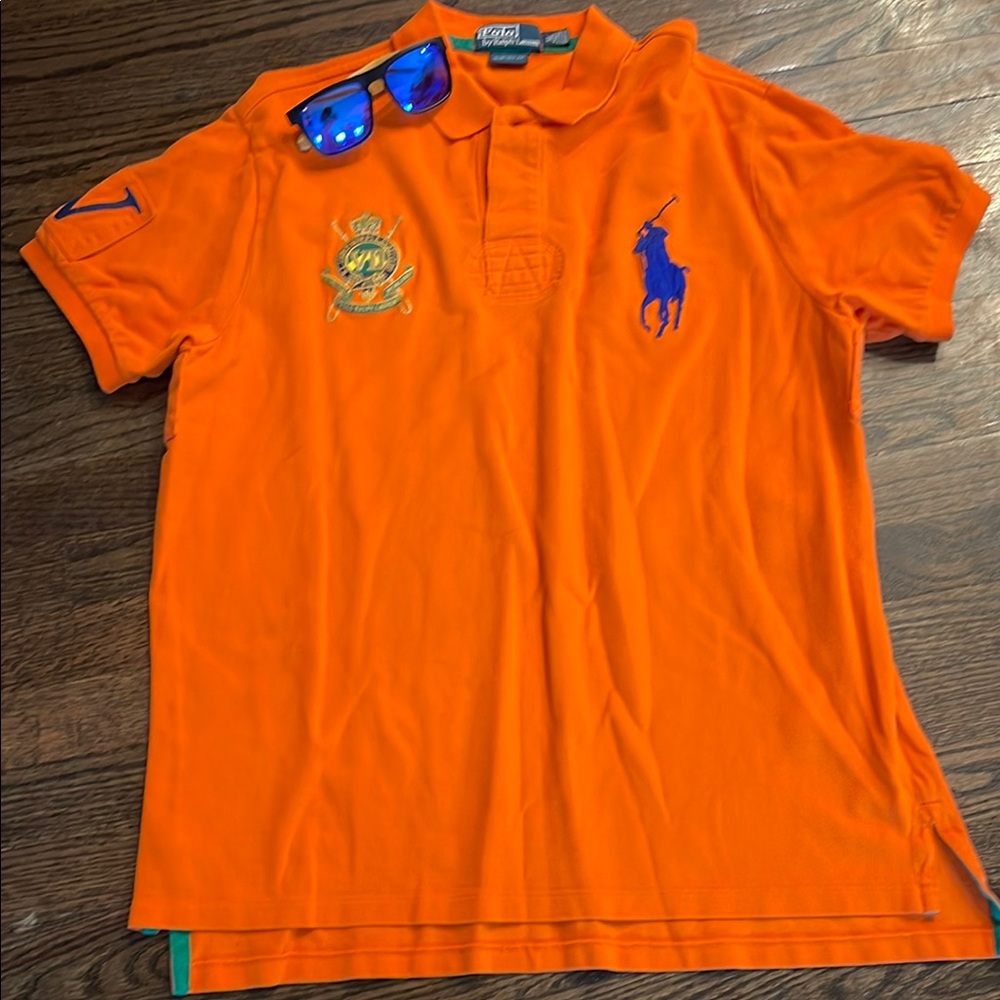 Orange Polo Shirt with Blue Logo
